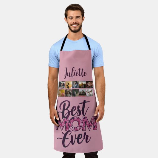 最高の母エバーピンクフローラタイポグラフィ エプロン (着用した状態)