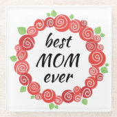 最高の母エバーレッドローズリース春かわいい ガラスコースター (正面)