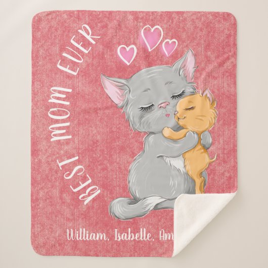 最高の母ギフトアイディア、ハートかわいい猫ファミリー赤ママ シェルパブランケット (正面)