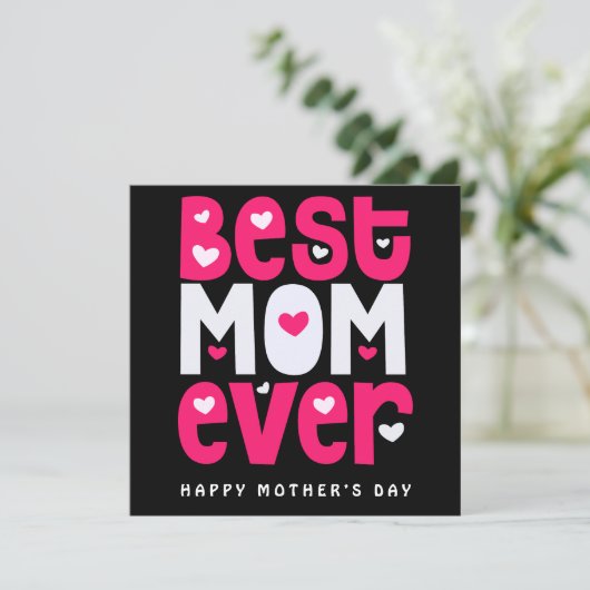 最高の母ハート母の日ブラックピンクホワイト カード (スタンド正面)