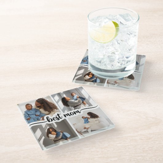 最高の母パーソナライズされた4写真コラージュ ガラスコースター (アングル)