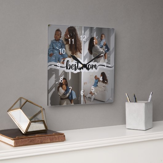 最高の母パーソナライズされた4写真コラージュ スクエア壁時計 (オフィス)