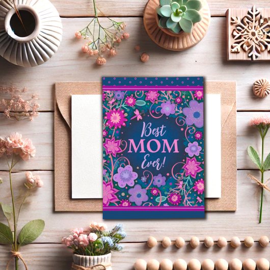 最高の母ピンク紫フローラおかわいらし母さんの日 カード