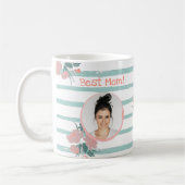 最高の母フローラストライプのピンクターコイズ写真 コーヒーマグカップ (左)