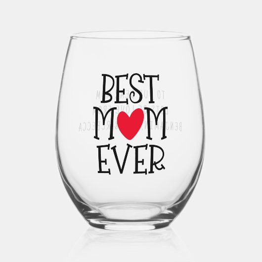 最高の母マムエバー赤いハート名 ステムなしワイングラス (正面)