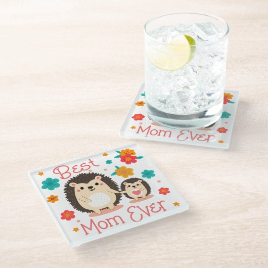 最高の母母とベビーハリネズミ ガラスコースター (アングル)