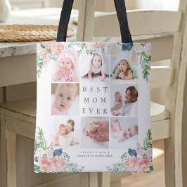 最高の母8枚フォトコラージュ フローラルカスタムテキスト トートバッグ