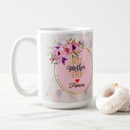 最高の母 - ピンクの花のカスタムネーム コーヒーマグカップ (ドーナツ)