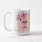 最高の母 - ピンクの花のカスタムネーム コーヒーマグカップ (左)