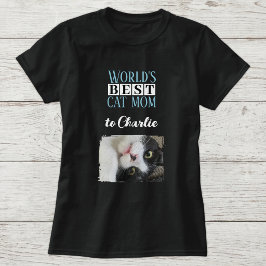 最高の猫のママの写真 名前入り 青 白 Tシャツ
