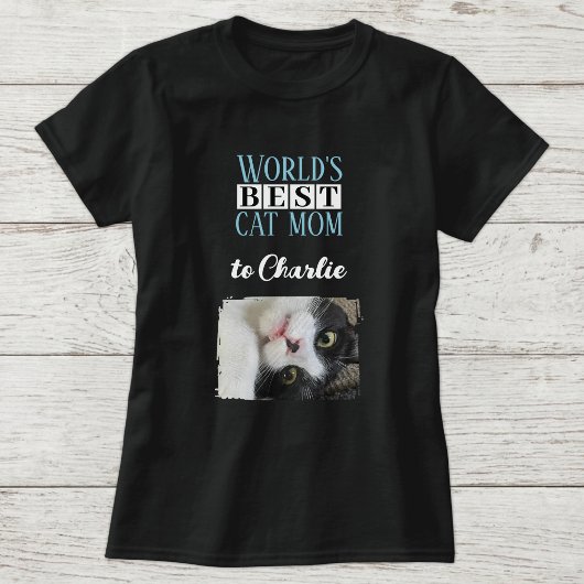 最高の猫のママの写真 名前入り 青 白 Tシャツ
