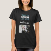 最高の猫のママの写真 名前入り 青 白 Tシャツ (正面)