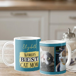 最高の猫のママ2 写真 名前 青 黄色 コーヒーマグカップ