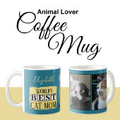 最高の猫のママ2 写真 名前 青 黄色 コーヒーマグカップ