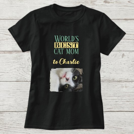最高の猫のママ 写真 名前入り グリーン イエロー Tシャツ