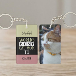 最高の猫のママ 名前 写真 ピンク グリーン キーホルダー