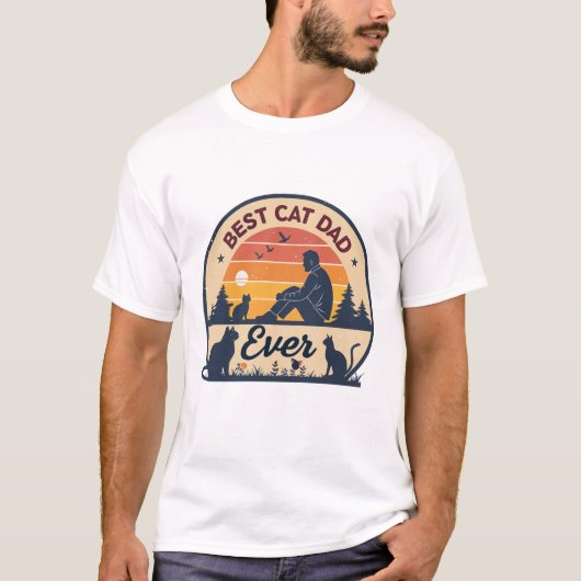 最高の猫パパ | レトロなビンテージ風の夕焼け 猫好き Tシャツ (正面)