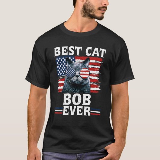 最高の猫ボブアメリカ国旗愛国4日 Tシャツ (正面)