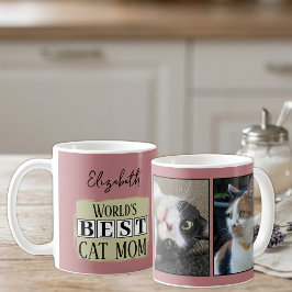 最高の猫ママ2枚の写真 名前入り ピンク グリーン コーヒーマグカップ