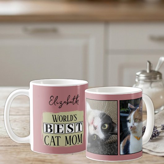 最高の猫ママ2枚の写真 名前入り ピンク グリーン コーヒーマグカップ