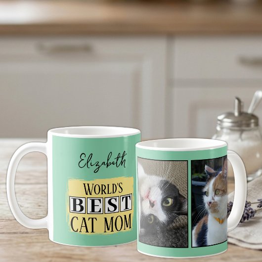 最高の猫ママ2 写真 名前 緑 黄色 コーヒーマグカップ