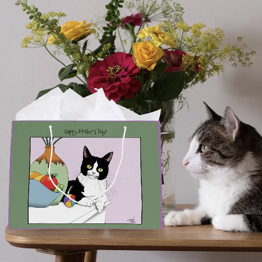 最高の猫ママ かわいいタキシード猫 母の日 ラージペーパーバッグ