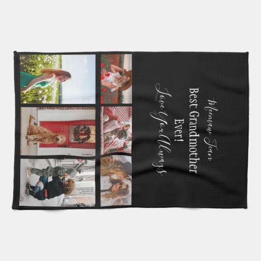 最高の祖母Ever 6 Photo Collage White Script キッチンタオル (横)