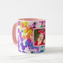 最高の誕生日 色鮮やかなボケピンク フォト ネーム マグカップ