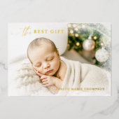 最高の贈り物 雪のヴィネット クリスマス ベイビー フォト 箔招待状 (正面)