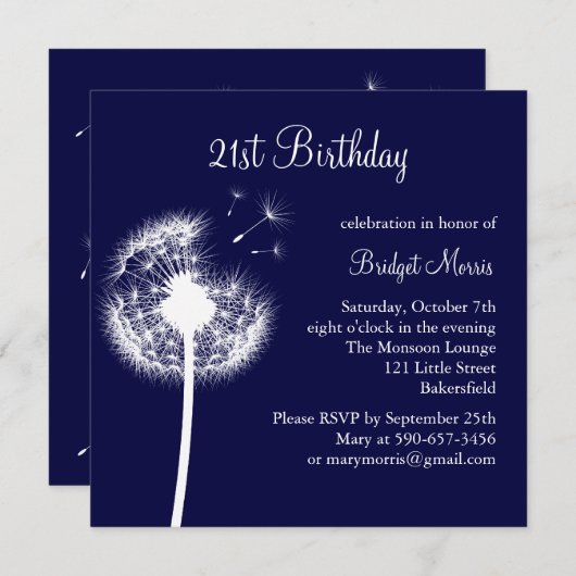 最高の21歳の誕生日招待状（海軍）をお願いします 招待状 (正面/裏面)