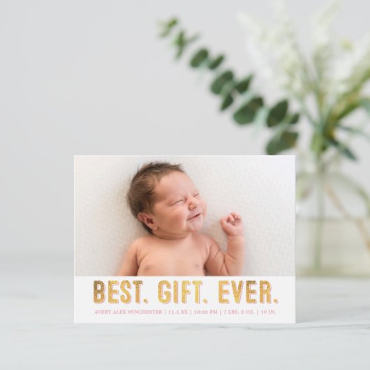 最高の.プレゼント.今まで。ピンク/金ゴールドホイルフェイクフォト誕生 シーズンポストカード (スタンド正面)