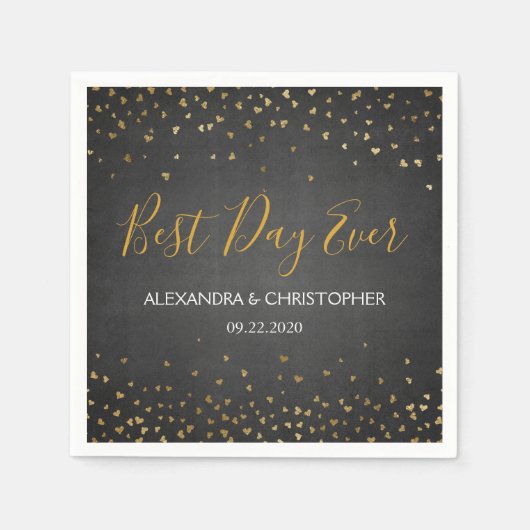 最高のDay Ever金ゴールドハート結婚紙吹雪 スタンダードカクテルナプキン (正面)