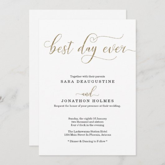 「最高のDay Ever」金ゴールドグリッター結婚式招待状 招待状 (正面/裏面)