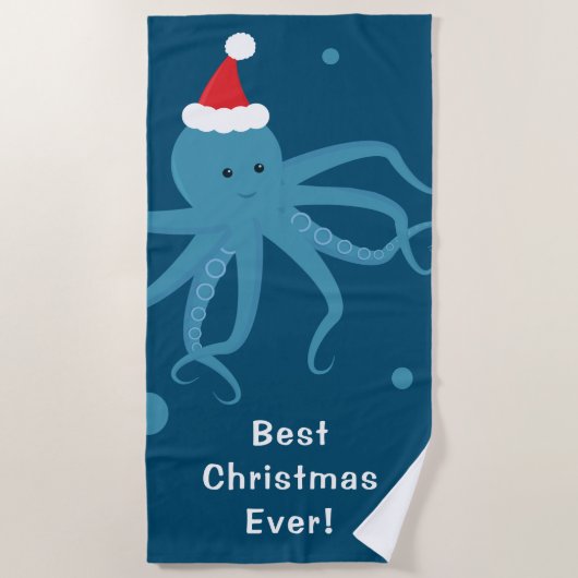 最高のEver Octopus Santa Blueクリスマス ビーチタオル (正面)