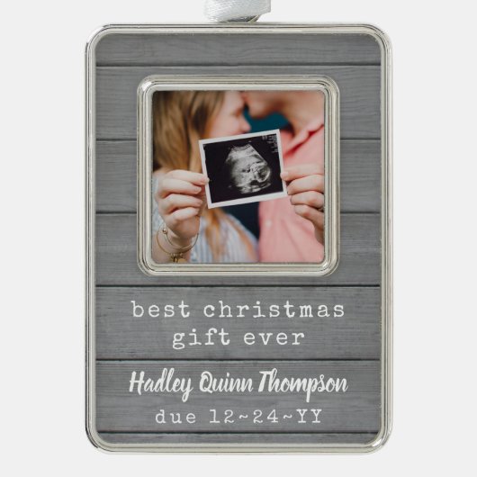 最高のGift Ever Ultrasoundベビー写真フェイク木材 シルバープレートフレームオーナメント (正面)