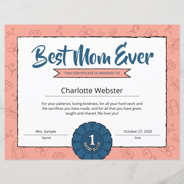 最高のMom Ever Parent証明書母DayAward (正面)
