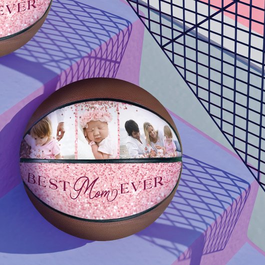 最高のMom Ever Pinkグリッターフォトコラージュ バスケットボール