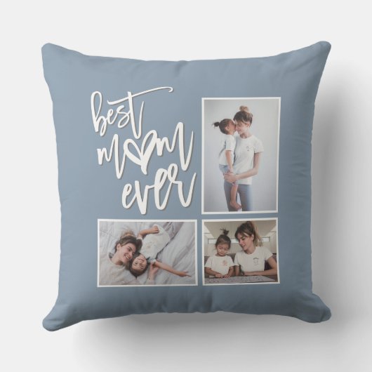 最高のMom Mum Ever 3枚の写真スクリプトほこりっぽい青 クッション (裏面)