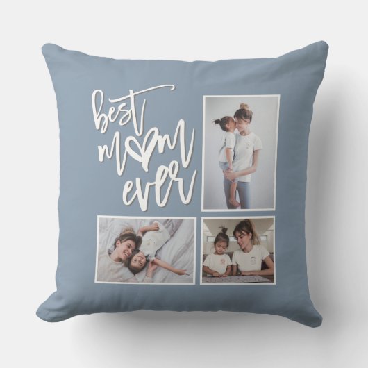 最高のMom Mum Ever 3枚の写真スクリプトほこりっぽい青 クッション (正面)