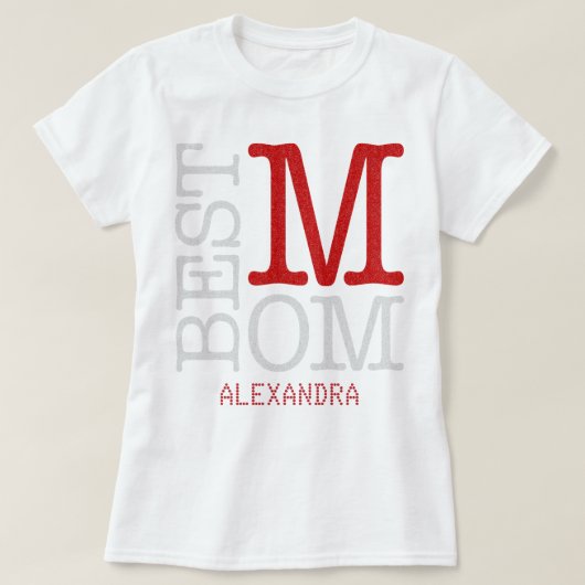 最高のMom Red Silverグリッター名パーソナライズされた Tシャツ (デザイン正面)