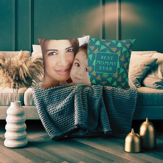 最高のMommy Ever Photo Christmas Tree Pattern Green クッション