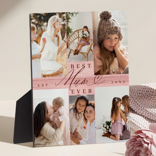 最高のMum Ever家族写真コラージピンクウッドグレイン フォトプラーク