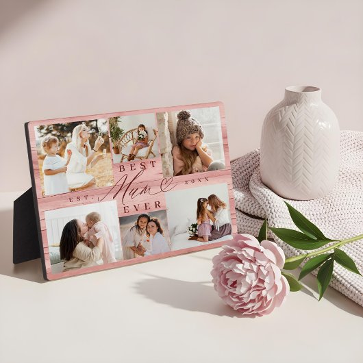 最高のMum Ever家族写真コラージピンクウッドグレイン フォトプラーク