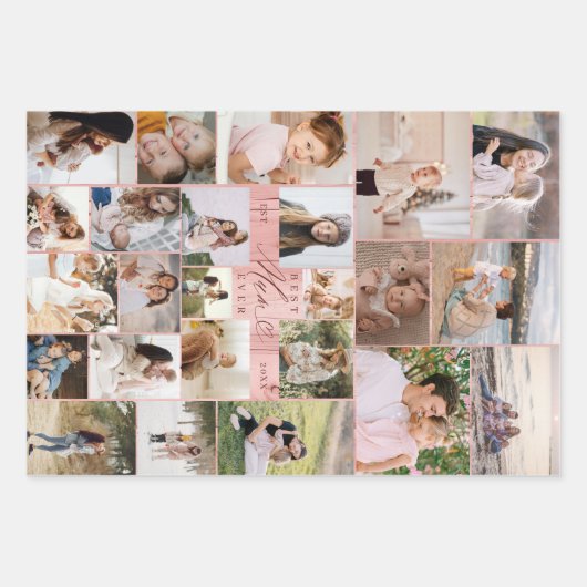 最高のMum Ever家族写真コラージピンクウッドグレイン ラッピングペーパーシート (正面)