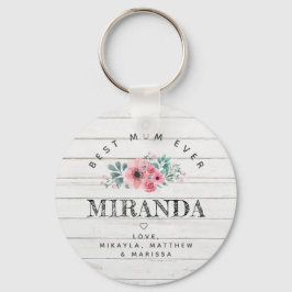 最高のMum Ever白木とピンク色の花 キーホルダー