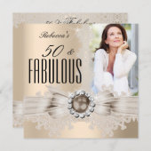 最高50フォトクリームベージュブラウンパールレース 招待状 (正面/裏面)