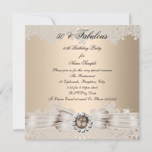 最高50フォトクリームベージュブラウンパールレース 招待状 (裏面)