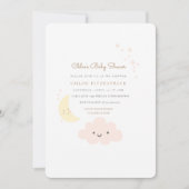 月および星のベビーシャワーの招待状のピンク 招待状 (正面)