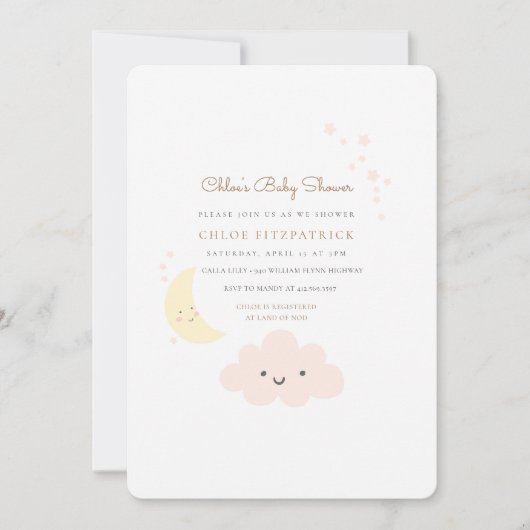 月および星のベビーシャワーの招待状のピンク 招待状 (正面)