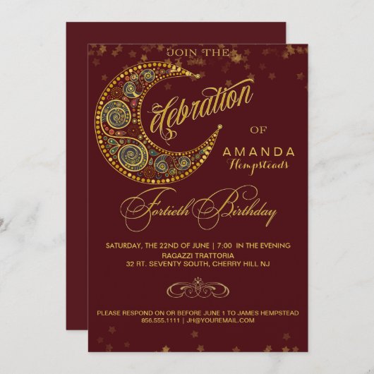 月および星の第40誕生日のパーティの招待状 招待状 (正面/裏面)